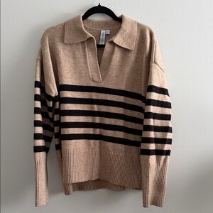 Elegant Tan and Black Striped V-Neck Sweater